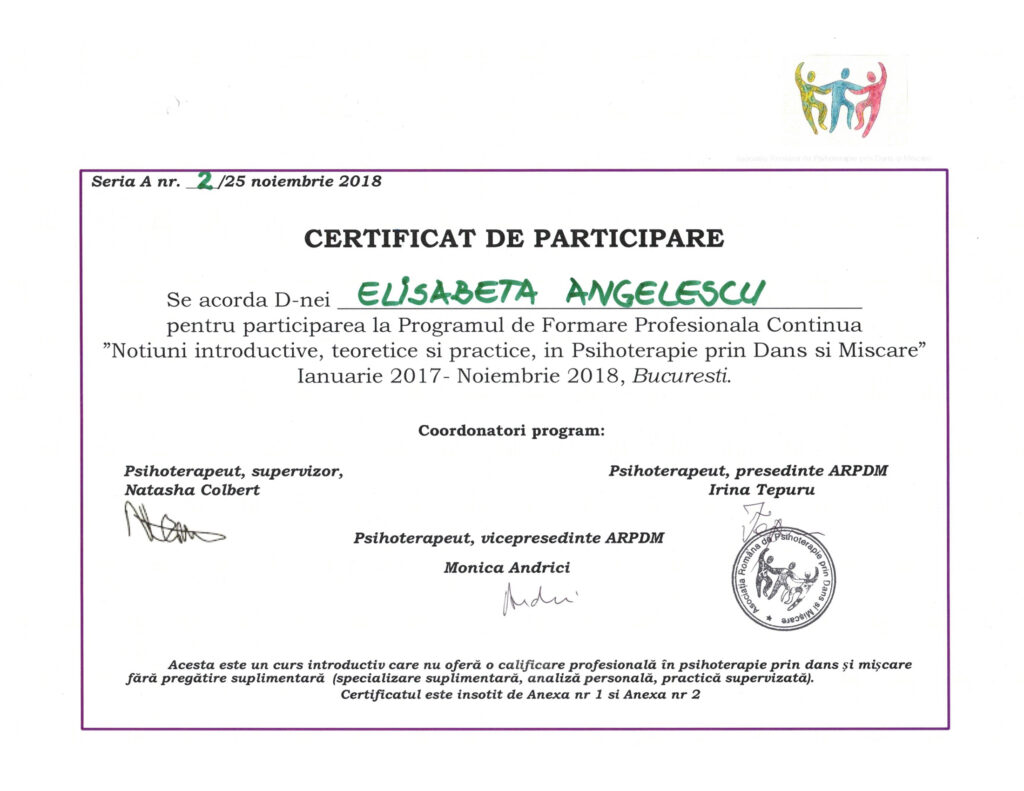 Psychotherapy through Dance and Movement Certificate V1